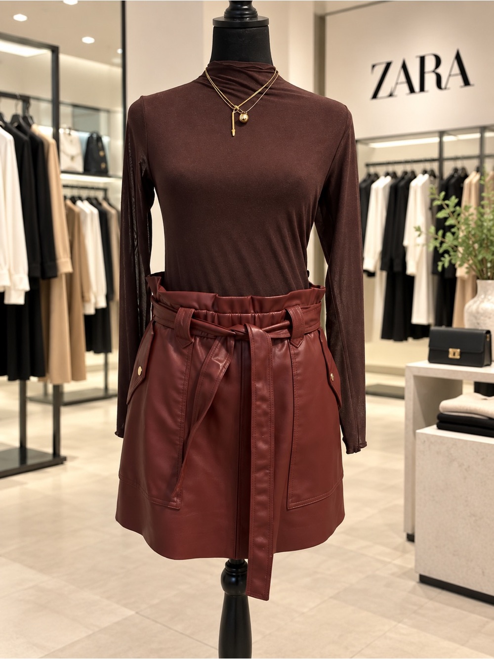 ZARA Burgundy Faux Leather Paperbag Mini Skirt with Tie Belt